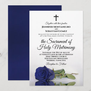Elegant Navy Blue Rose Modern Catholic Wedding Invitation