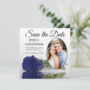 Elegant Navy Blue Rose on White Oval Photo Wedding Save The Date