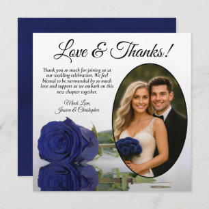 Elegant Navy Blue Rose Oval Photo Romantic Wedding Thank You Card