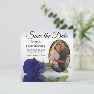 Elegant Navy Blue Rose Oval Photo Wedding Save The Date