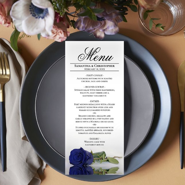 Elegant Navy Blue Rose with Reflections Wedding Menu (In Situ on Plate)