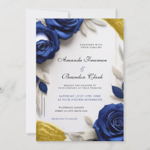 Elegant Navy Blue Roses & Gold Glitter Wedding Invitation