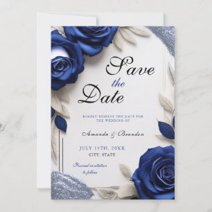 Elegant Navy Blue Roses & Silver Glitter Wedding Save The Date