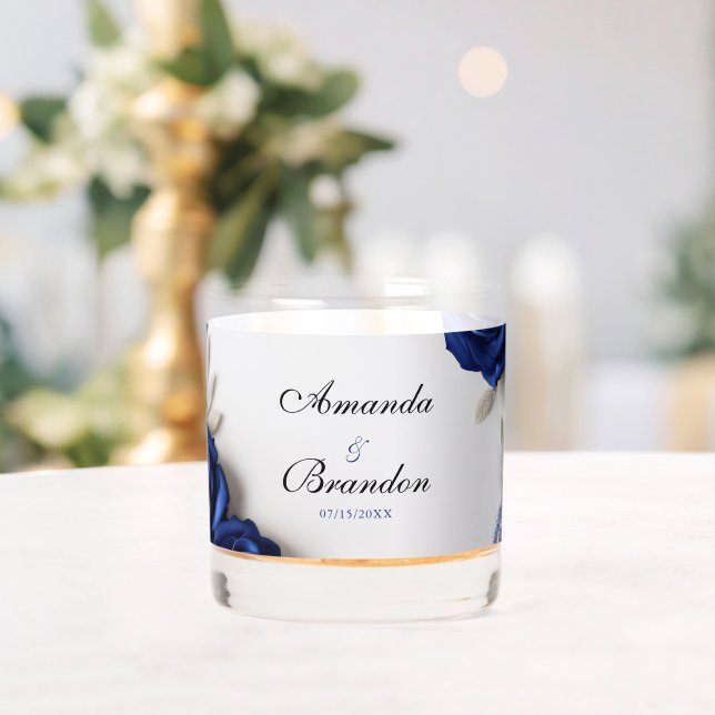 Elegant Navy Blue Roses & Silver Glitter Wedding Whiskey Glass (Insitu (Wedding))