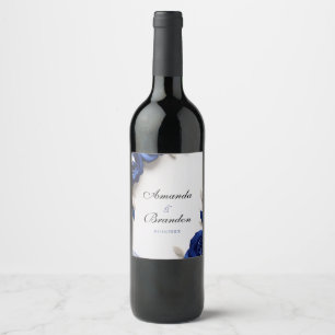 Elegant Navy Blue Roses & Silver Glitter Wedding Wine Label