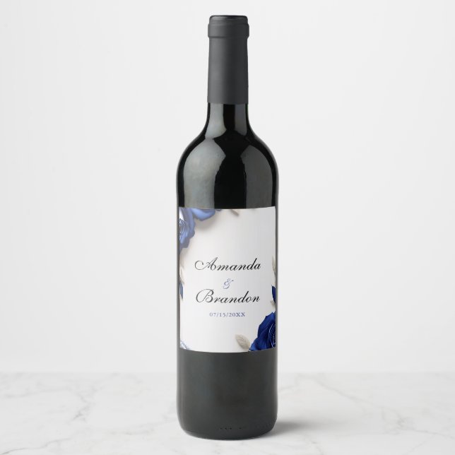 Elegant Navy Blue Roses & Silver Glitter Wedding Wine Label (Front)