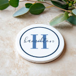 Elegant Navy Blue Round Custom Monogram Initial<br><div class="desc">Elegant round personalised beverage drink coaster design features a classic custom serif monogram initial in dusty blue with your last name / surname in modern navy blue calligraphy script against a clean white background. A simple navy blue circle frames the design. Colour scheme can be customised to coordinate perfectly with...</div>