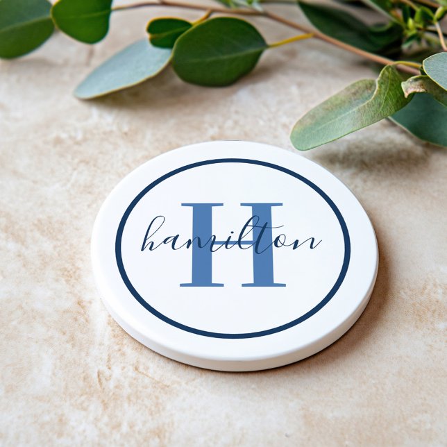 Elegant Navy Blue Round Custom Monogram Initial Coaster (Creator Uploaded)