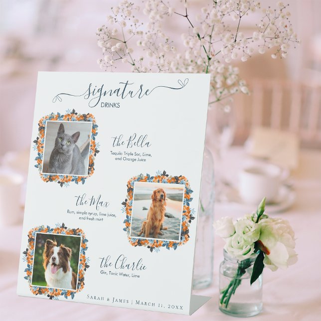 Elegant Navy Blue Rust 3 Photo Pet Signature Drink Pedestal Sign (Creator Uploaded)