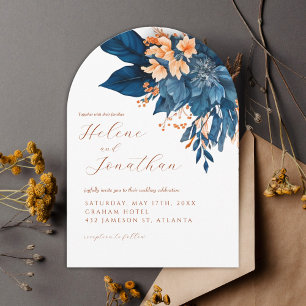 Elegant Navy Blue Rust Orange Garden Wedding Invitation