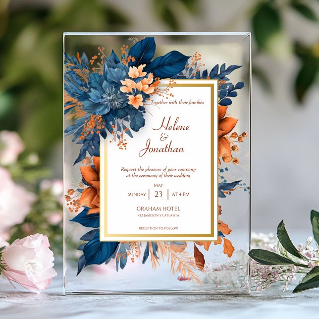 Elegant Navy Blue Rust Watercolor Boho Wedding Acrylic Invitations (Elegant Navy Blue Rust Watercolor Boho Wedding Acrylic Invitations)
