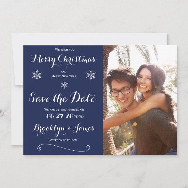 Elegant Navy Blue Save The Date Christmas Cards (Front)