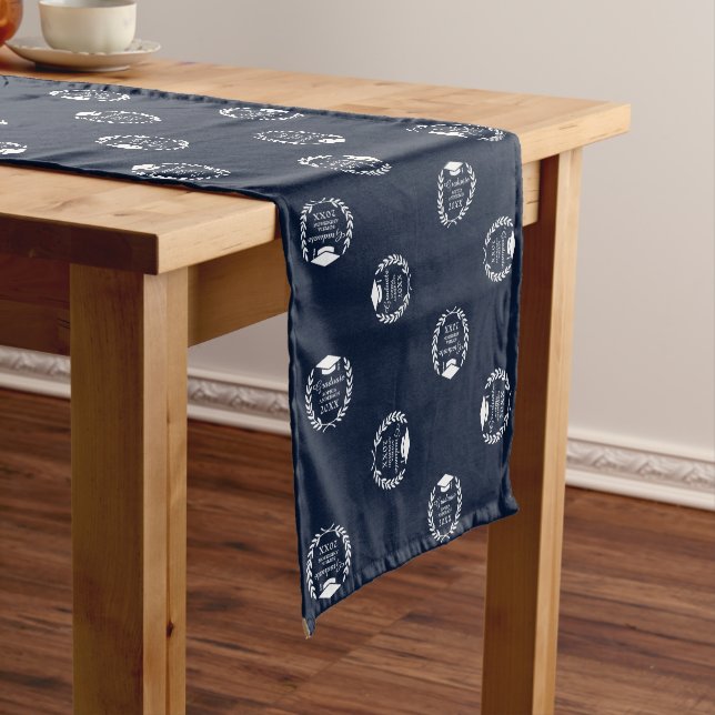 Elegant Navy Blue School Emblem Graduation Party Short Table Runner (In Situ)