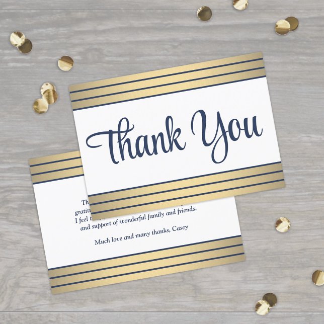 Elegant Navy Blue Script and Classic Gold Stripes Thank You Card (Creator Uploaded)
