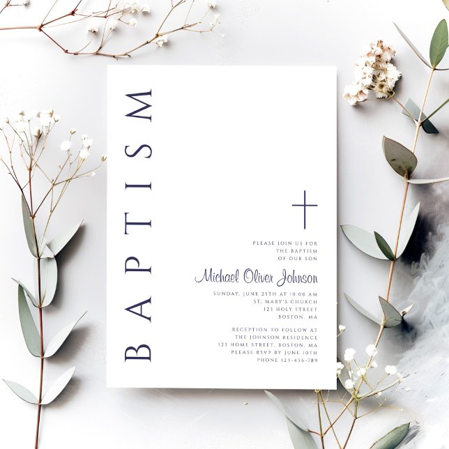 Elegant Navy Blue Script Baptism Invitation (Elegant Navy Blue Script Baptism Invitation)