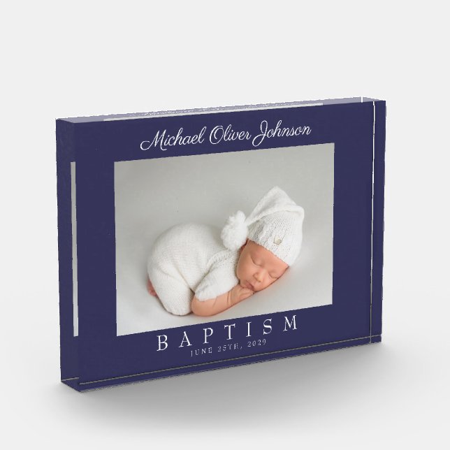 Elegant Navy Blue Script Baptism Photo Block (Left)