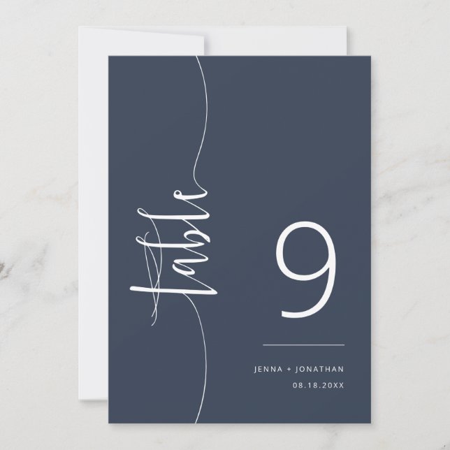 Elegant Navy Blue Script Boho Wedding Table Number (Front)