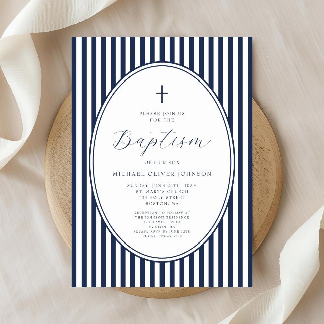 Elegant Navy Blue Script Boy Baptism Invitation (Elegant Navy Blue Script Boy Baptism Invitation)