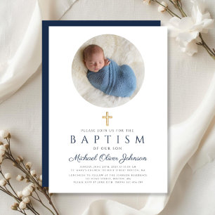 Elegant Navy Blue Script Boy Photo Baptism Invitation