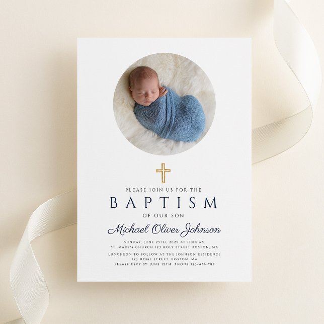 Elegant Navy Blue Script Boy Photo Baptism  Invitation (Navy Blue Elegant Religious Boy Photo Baptism Invitation)
