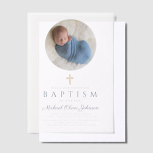 Elegant Navy Blue Script Boy Photo Baptism  Vellum Invitations