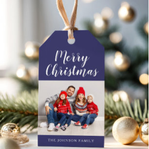 Elegant Navy Blue Script Christmas Photo Gift Tags