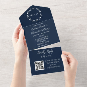 Elegant Navy Blue Script Modern RSVP QR Code All I In One Invitation