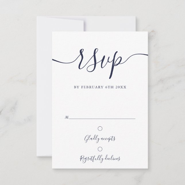 Elegant Navy Blue Script Modern Wedding RSVP Card (Front)