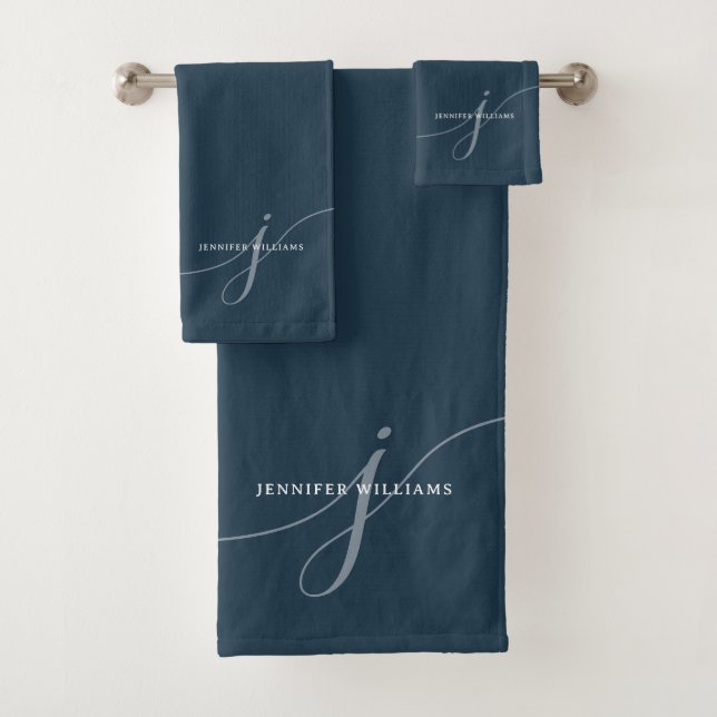 Elegant Navy Blue Script Monogram Typography Bath Towel Set (Insitu)