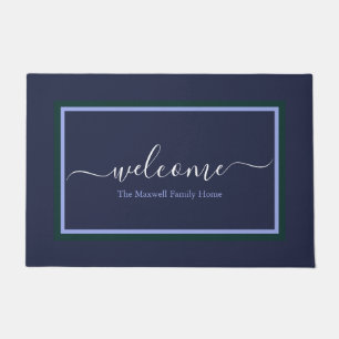 Elegant navy blue script name  doormat