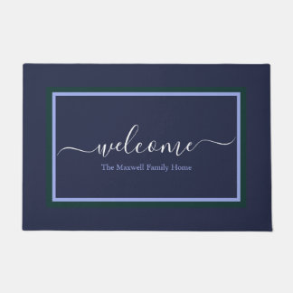 Elegant navy blue script name  doormat