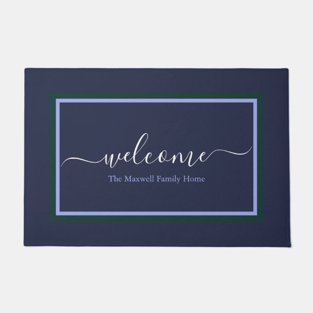 Elegant navy blue script name  doormat (Front)