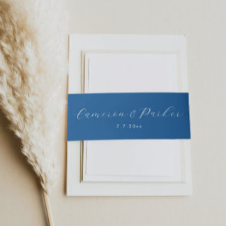 Elegant Navy Blue Script Names Wedding Invitation Belly Band