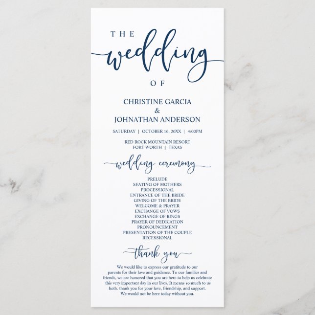 Elegant Navy Blue Script, Our Wedding Ceremony Programme (Front)