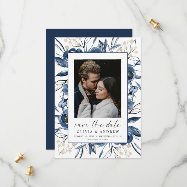 Elegant Navy Blue Script Photo Floral Wedding Save The Date (Front/Back In Situ)