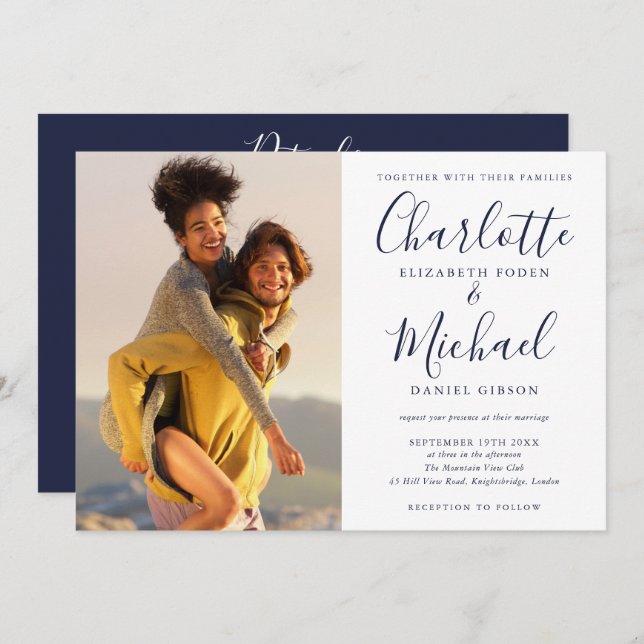 Elegant Navy Blue Script Photo Wedding All In One Invitation (Front/Back)