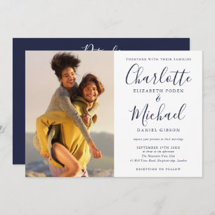 Elegant Navy Blue Script Photo Wedding All In One Invitation