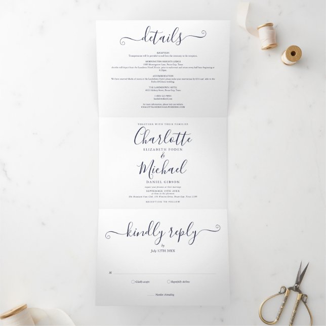 Elegant Navy Blue Script Photo Wedding  Tri-Fold Invitation (Inside)