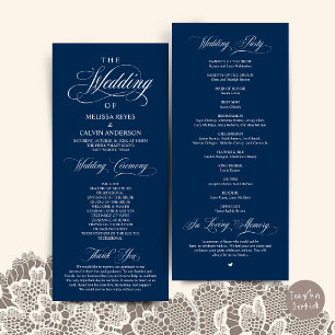 Elegant Navy Blue Script Wedding Ceremony Programme