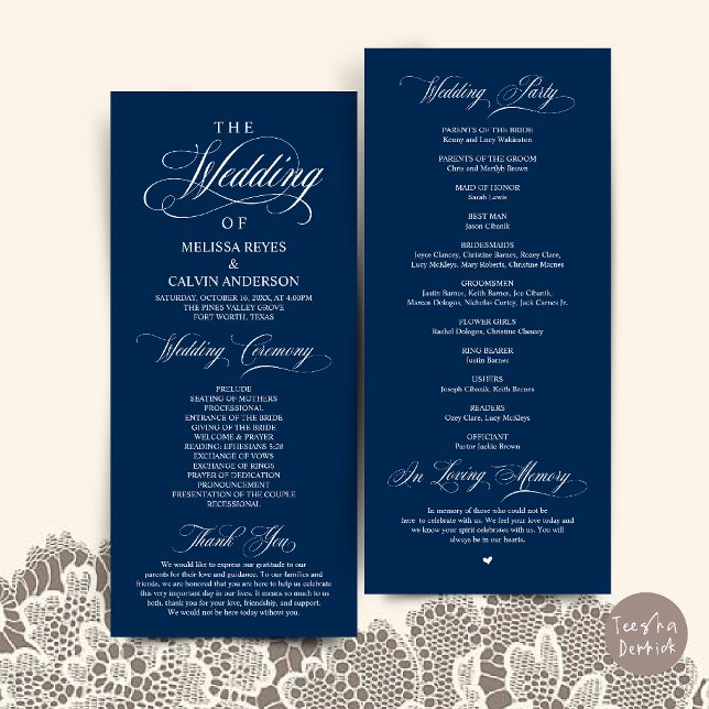 Elegant Navy Blue Script Wedding Ceremony Programme (Elegant Navy Blue Script Wedding Ceremony Order Program Card)