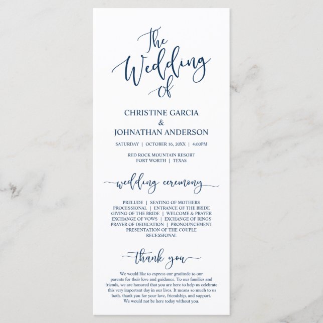 Elegant Navy Blue script, Wedding Ceremony Programme (Front)