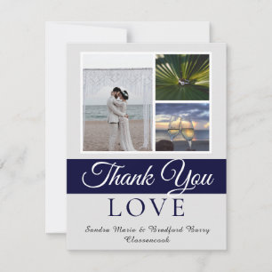 Elegant Navy Blue Script Wedding Photo collage Thank You Card