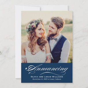 Elegant Navy Blue Script Wedding Photo Marriage Announcement