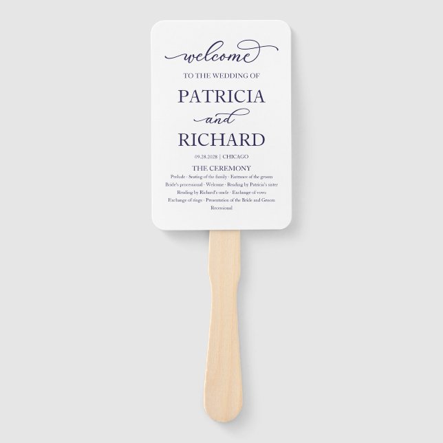 Elegant Navy Blue Script Wedding Program Hand Fan (Front)