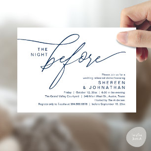 Elegant Navy Blue Script Wedding Rehearsal Dinner Invitation
