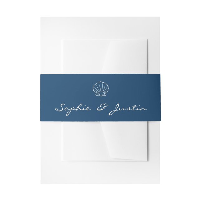 Elegant Navy Blue Seashell Wedding Invitation Belly Band (Front Example)