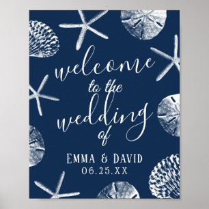Elegant Navy Blue Seashells Beach Wedding Welcome Poster