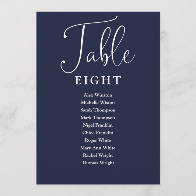 Elegant Navy Blue Seating Chart Table Number (Front)