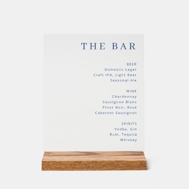 Elegant Navy Blue Serif Bar Menu Acrylic Sign (Front)