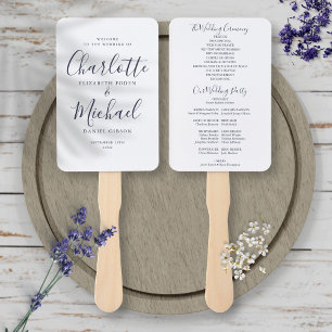 Elegant Navy Blue Signature Script Wedding Program Hand Fan
